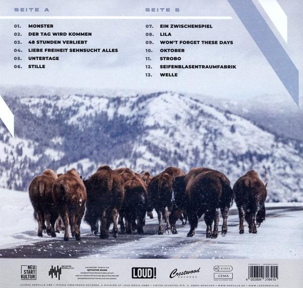 Die Rückseite einer CD-Hülle mit einer Titelliste und einer verschneiten Berglandschaft mit Bisons auf einer Straße.