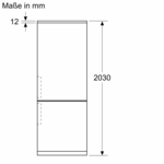 Eine Diagramm eines Kühlschranks mit Abmessungen in Millimetern. Es hat einen oberen und unteren Bereich.