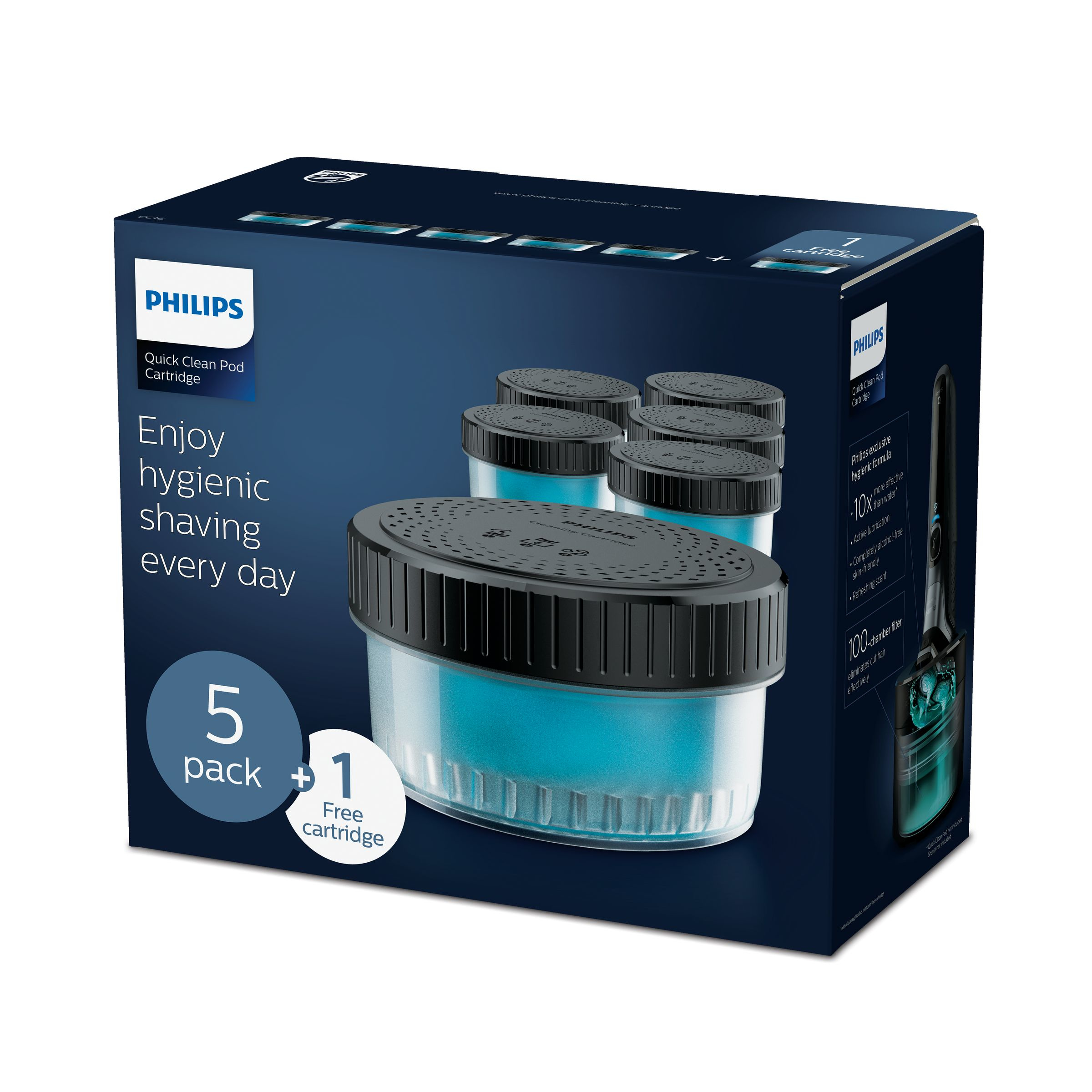 A box of Philips Quick Clean Pod cartridges, with 5 pods and a free cartridge.