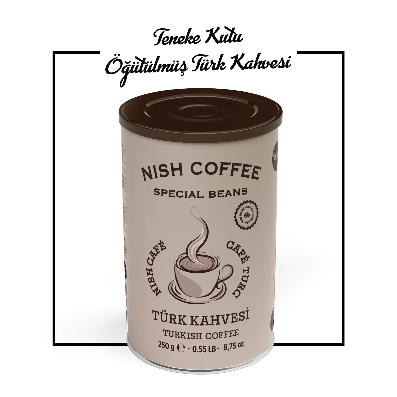 Nish Coffee teneke kutusu, Türk kahvesi, metin ve kahve fincanı simgesiyle.