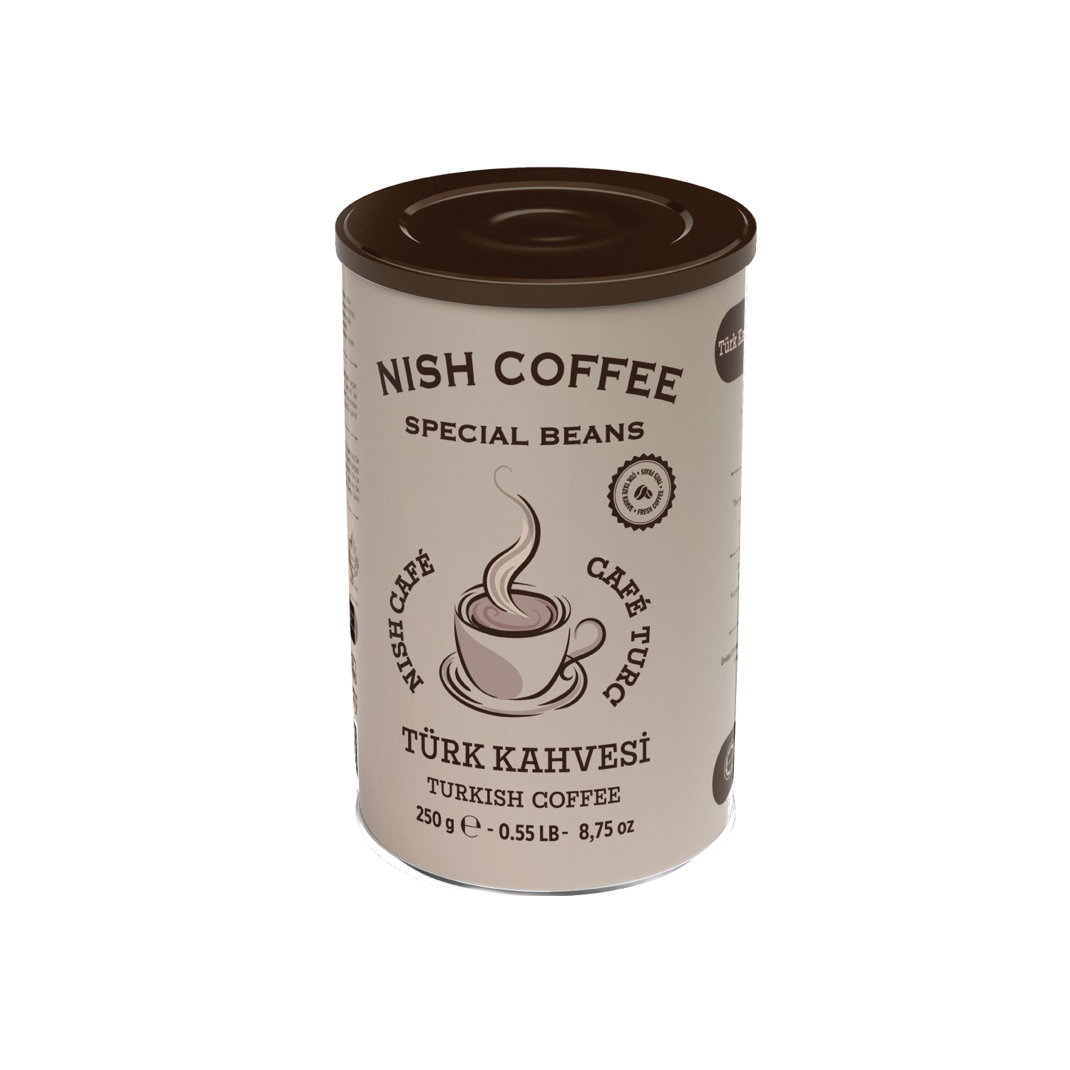 Nish Coffee teneke kutusu, Türk kahvesi. Kahverengi kapak, bej gövde. Türkçe ve İngilizce metin. Buhar illüstrasyonu.