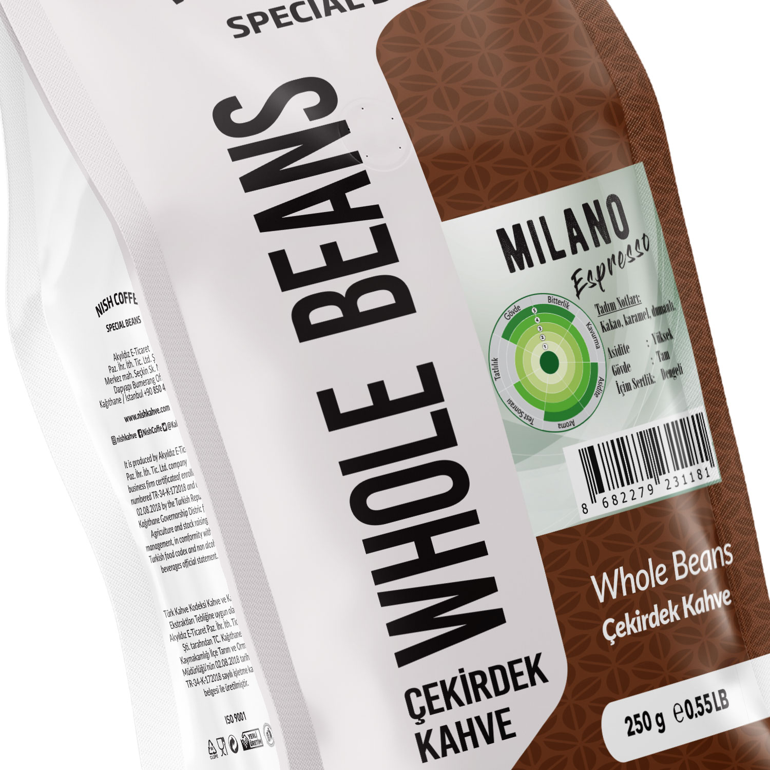 'WHOLE BEANS' ve 'MILANO Espresso' etiketli bir kahve poşeti.