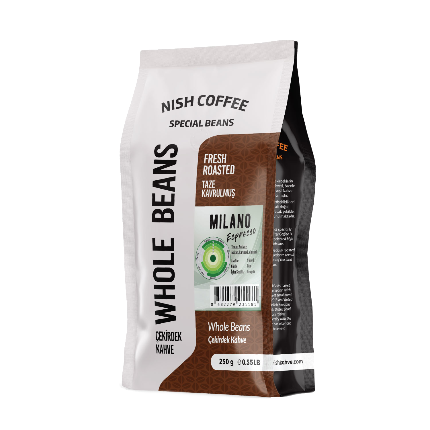 'Nish Coffee' ve 'Milano Espresso' yazılı kahve poşeti. 'Whole Beans' yazıyor. Kahverengi ve beyaz renk şeması.