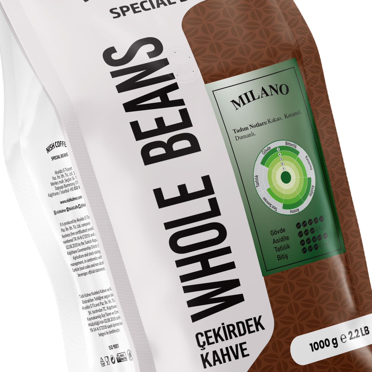 Kahve çekirdeği torbası. Beyaz yazı 'Whole Beans'. Kahverengi etiket 'Milano'. Lezzet notları sağda gösteriliyor.