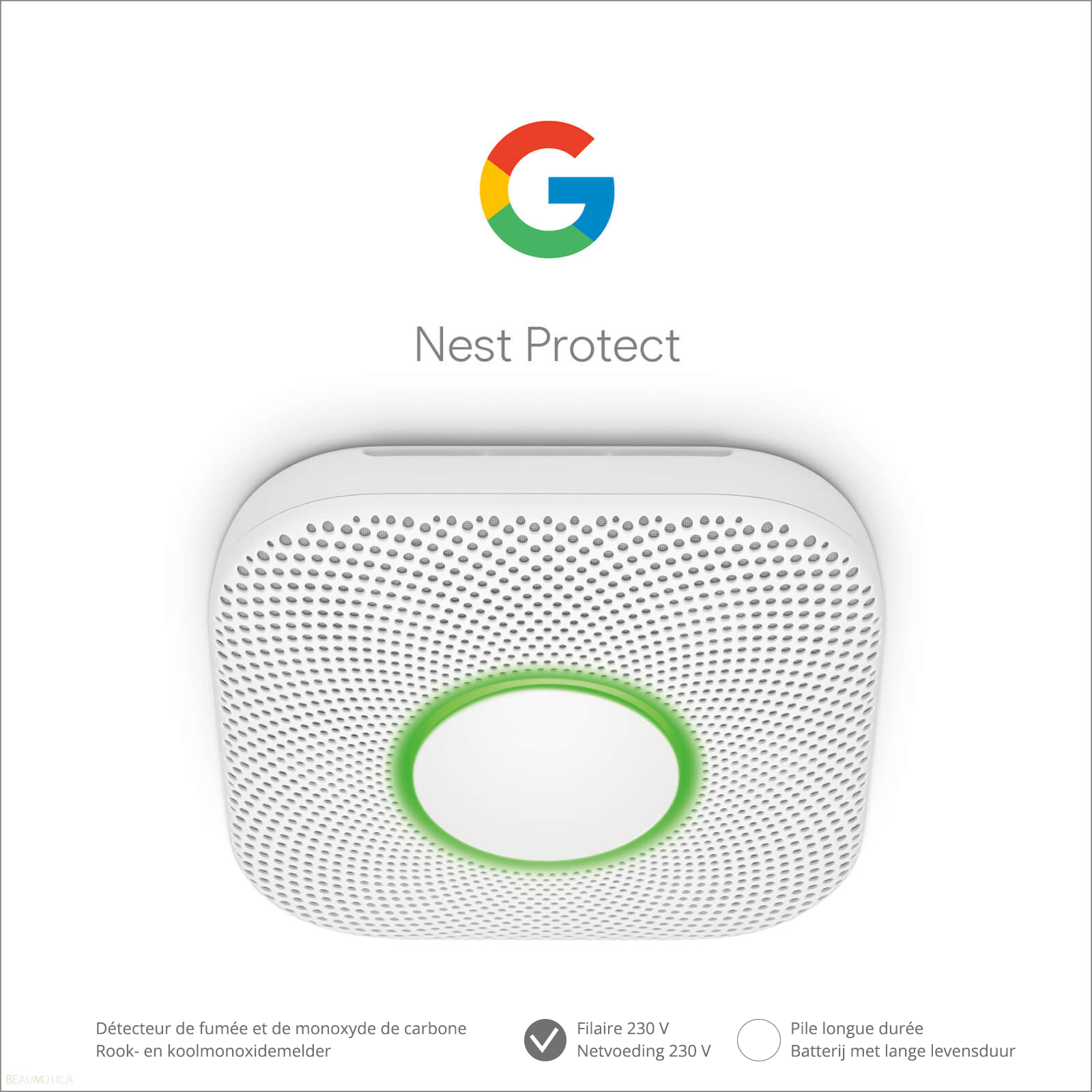 Een wit smart home-apparaat met een groene lichtring, met Google en tekst.