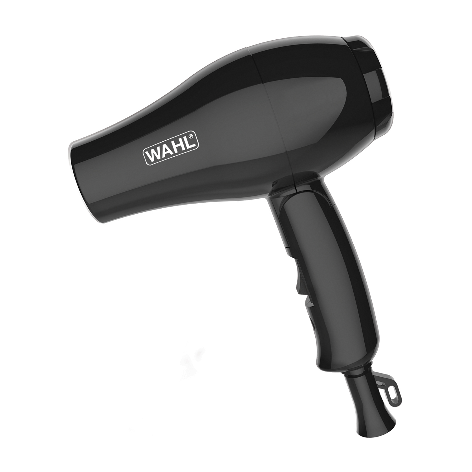 Asciugacapelli nero su sfondo bianco. Il marchio 'WAHL' è visibile sul lato dell'asciugacapelli.