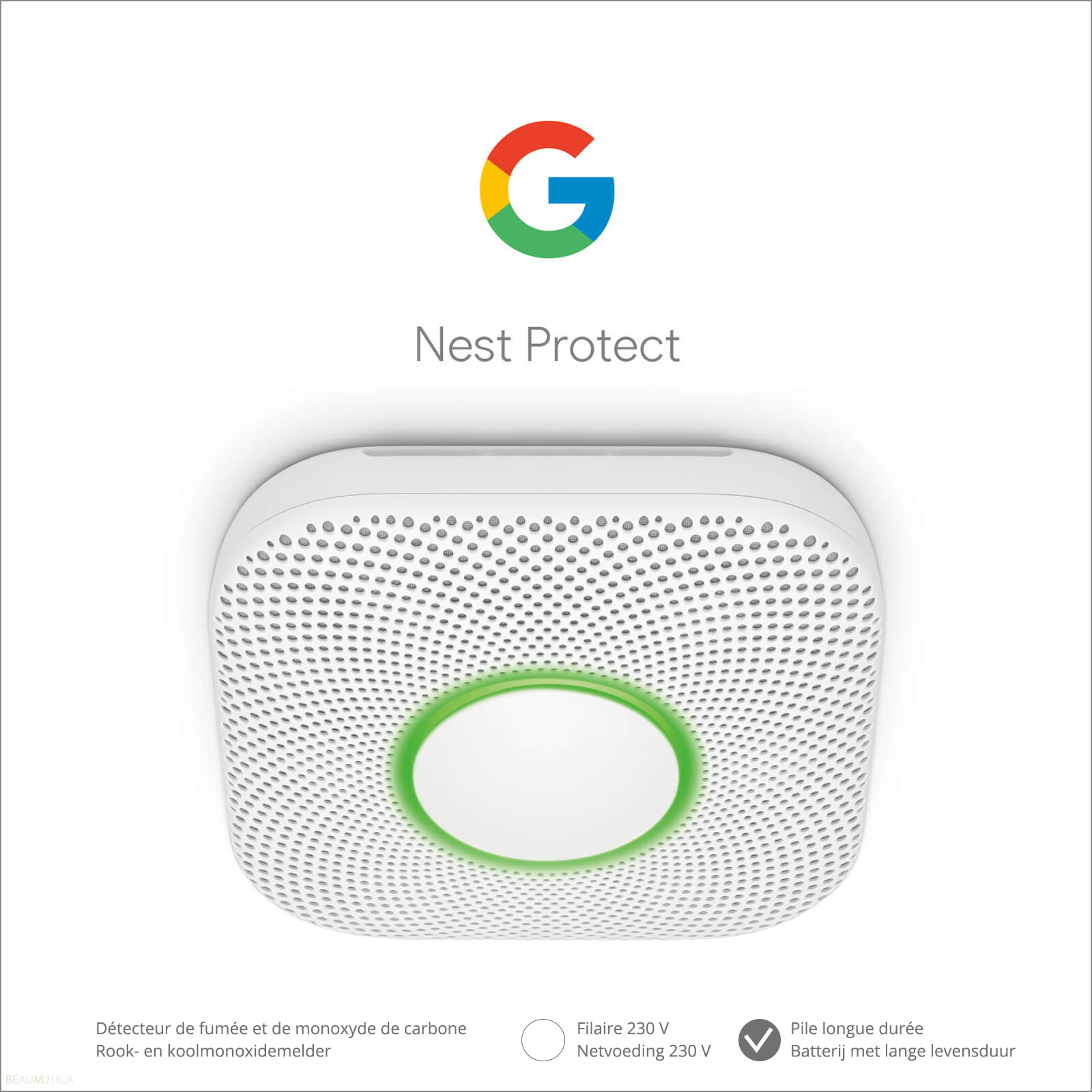 Een Google Nest Protect rookmelder. Hij is wit met een groene lichtring. Het Google-logo staat bovenaan.