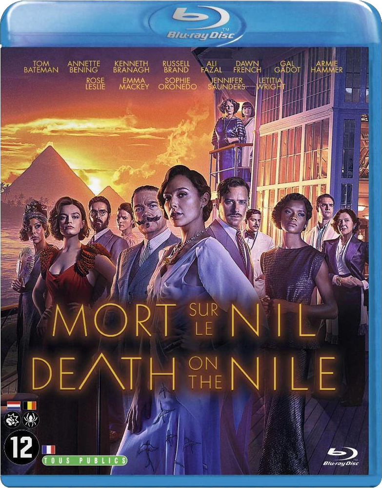 Death on the Nile Blu-ray cover met cast foto's. Tomb Bateman, Annette Bening, Gal Gadot en anderen.