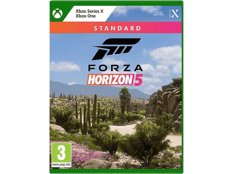 Forza Horizon 5 game box. Desert landscape background. Game logo and details displayed.