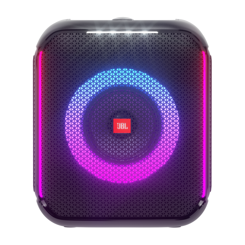 Schwarzer JBL-Lautsprecher mit bunten Lichteffekten. Der Lautsprecher hat ein kreisförmiges Lichtdesign und Gitterseiten.