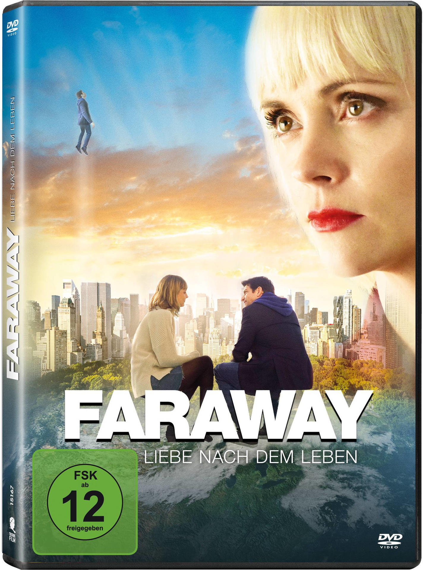 DVD-Cover-Art für den Film 'Faraway'. Zeigt das Gesicht einer Frau und einen Mann, der am Himmel schwebt.