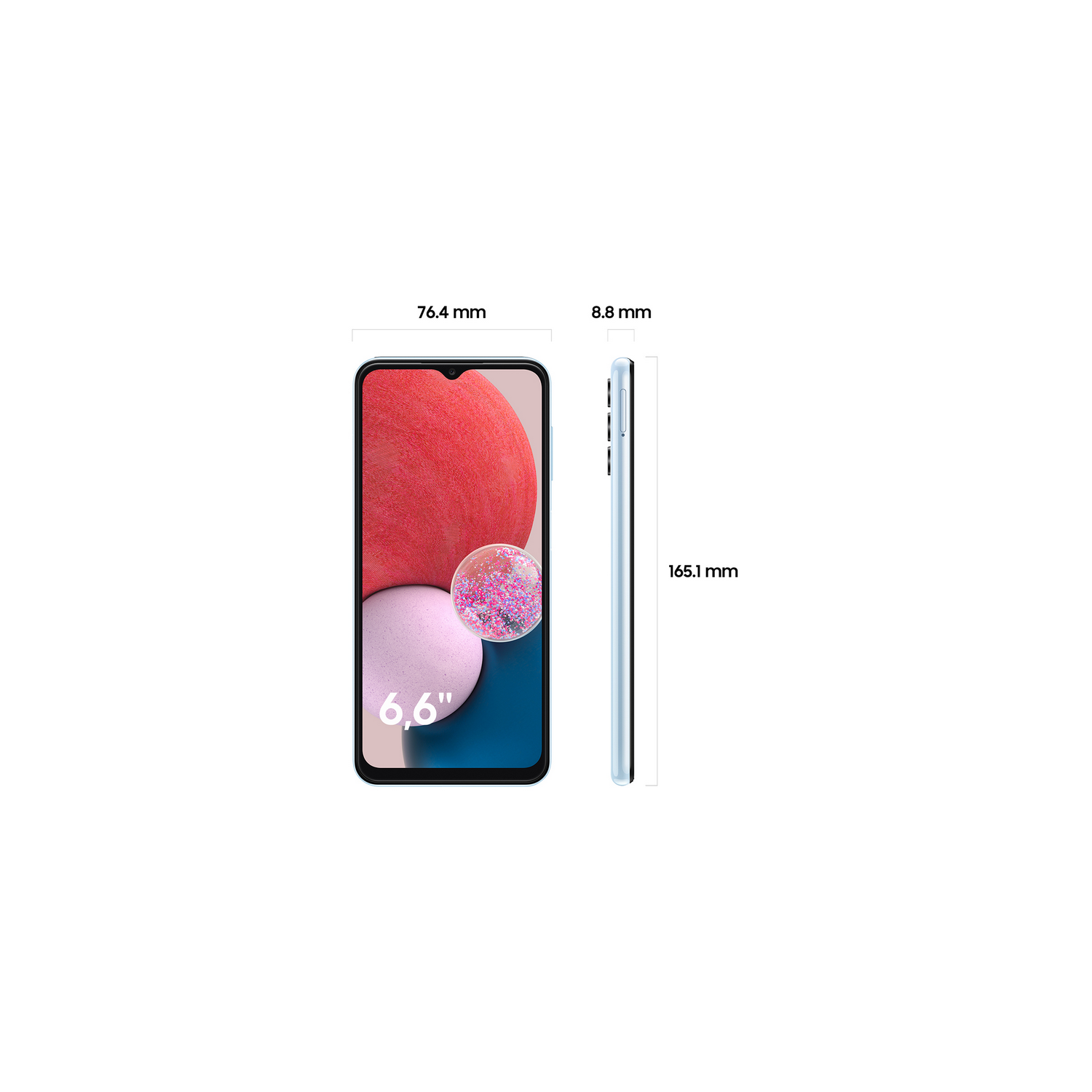 Un smartphone mostrado con dimensiones. La parte frontal muestra un fondo rosa y morado, con un recorte para la cámara.
