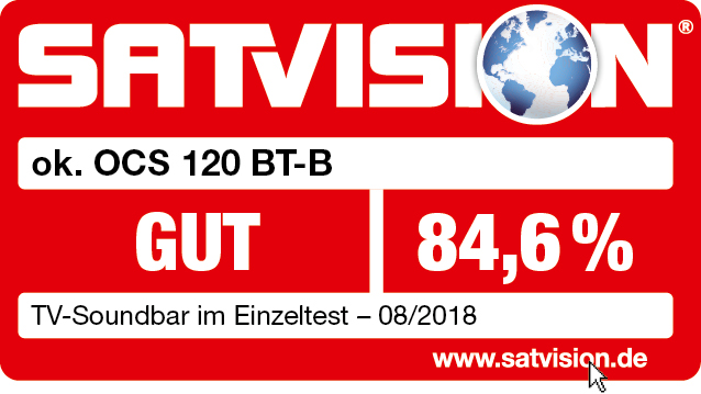 Rotes Etikett mit weißem Text: 'ok. OCS 120 BT-B', 'GUT' und '84,6%'. Satvision Logo.