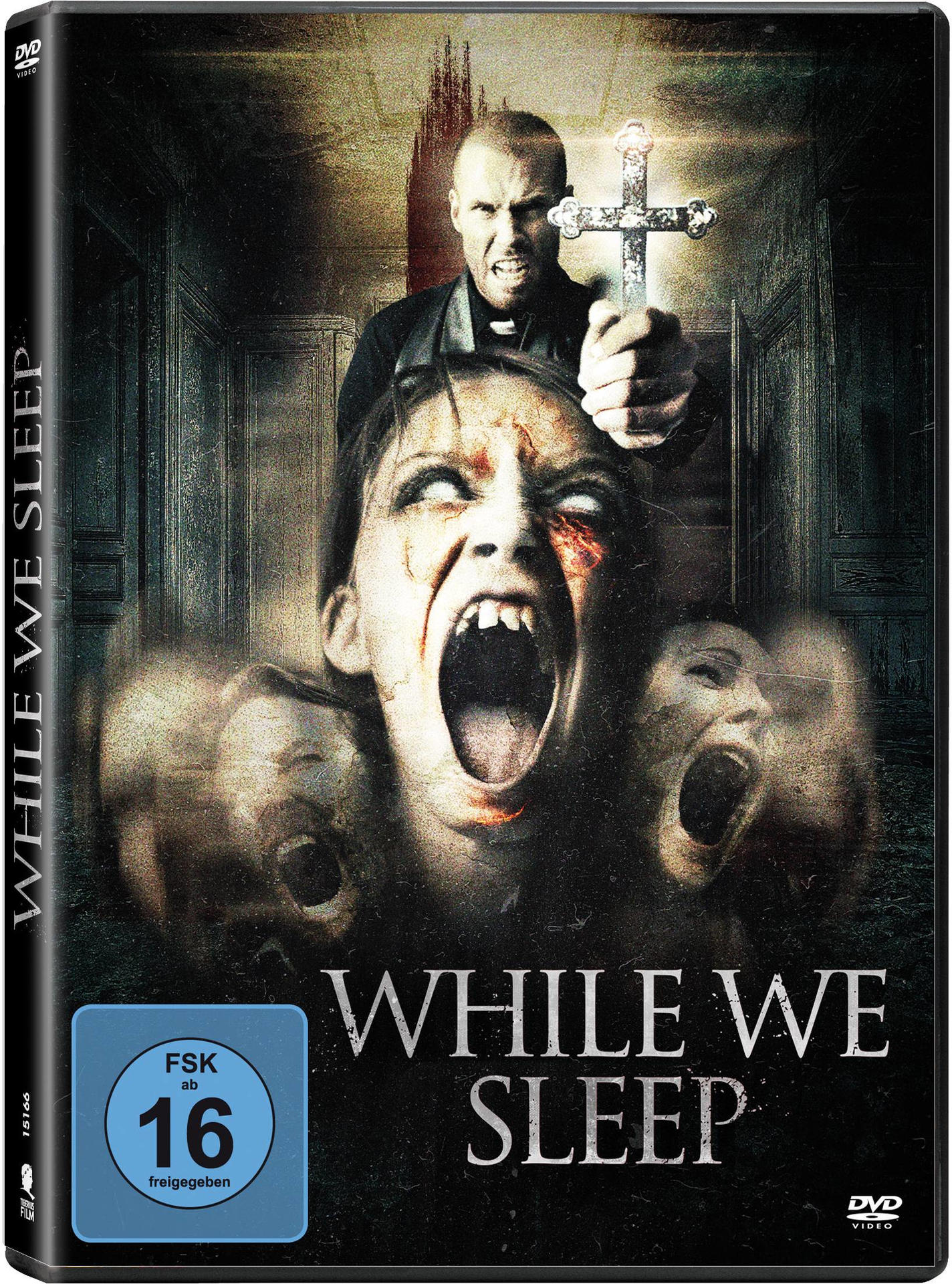 Filmcover eines Horrorfilms. Ein Mann mit Kreuz und schreiende Gesichter.