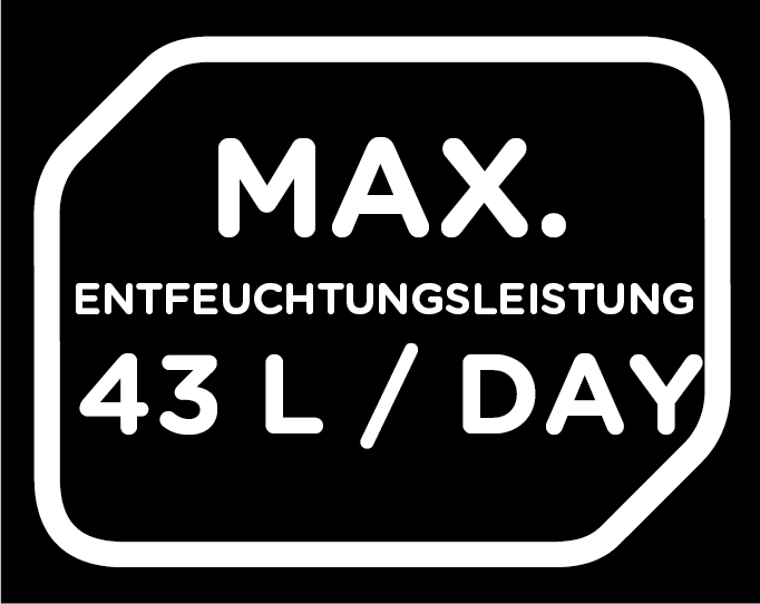 MAX. Entfeuchtungsleistung 43 L/Tag. Weiß auf Schwarz.