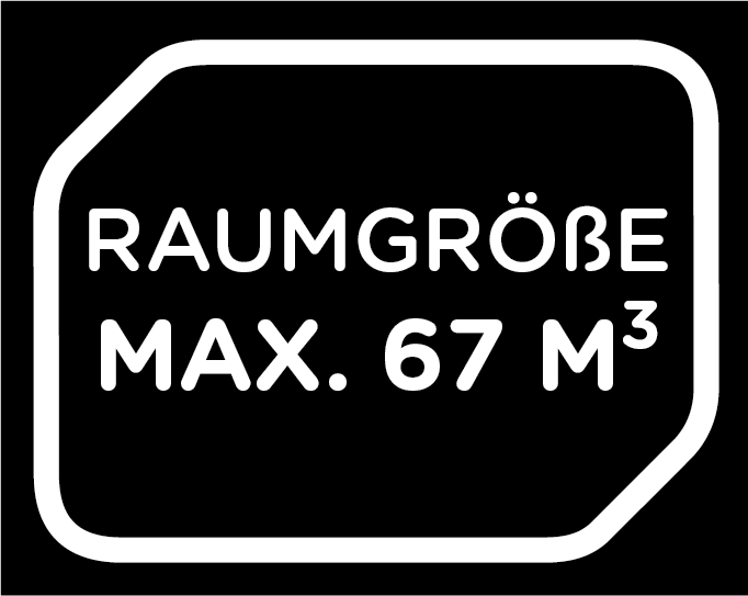 Raumgröße maximal 67 m³ auf schwarzem Hintergrund.