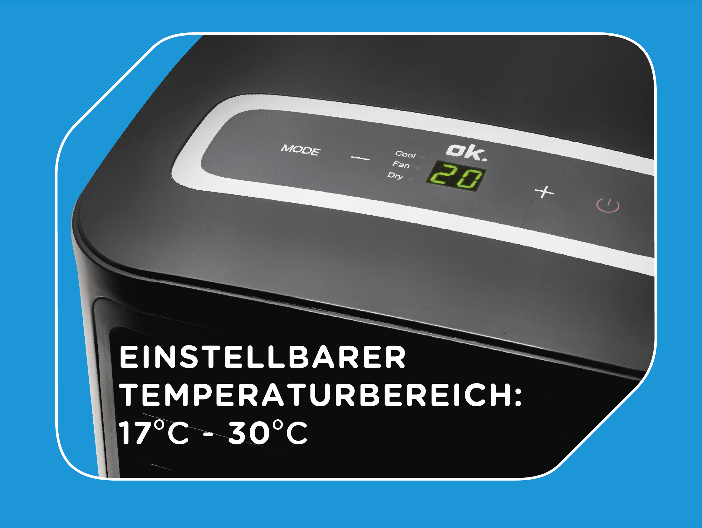 Ein schwarzes Klimagerät mit digitaler Anzeige von 20 Grad und den Modi Cool, Fan, Dry.