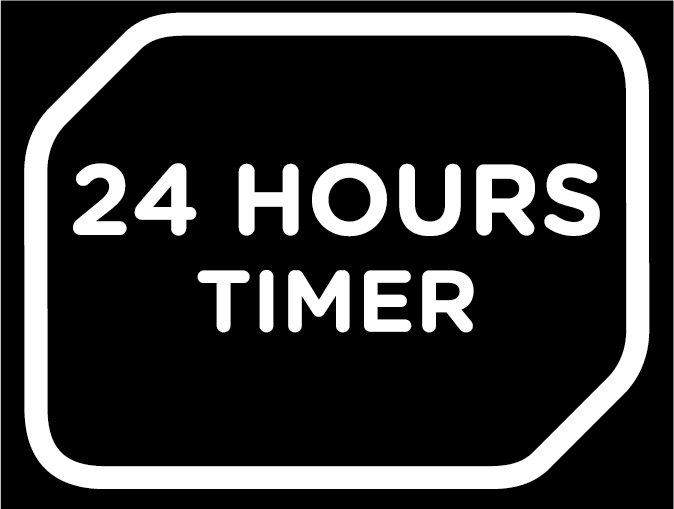 Eine Schwarz-Weiß-Grafik mit Text: 24 HOURS TIMER, in einem abgerundeten Rechteck.