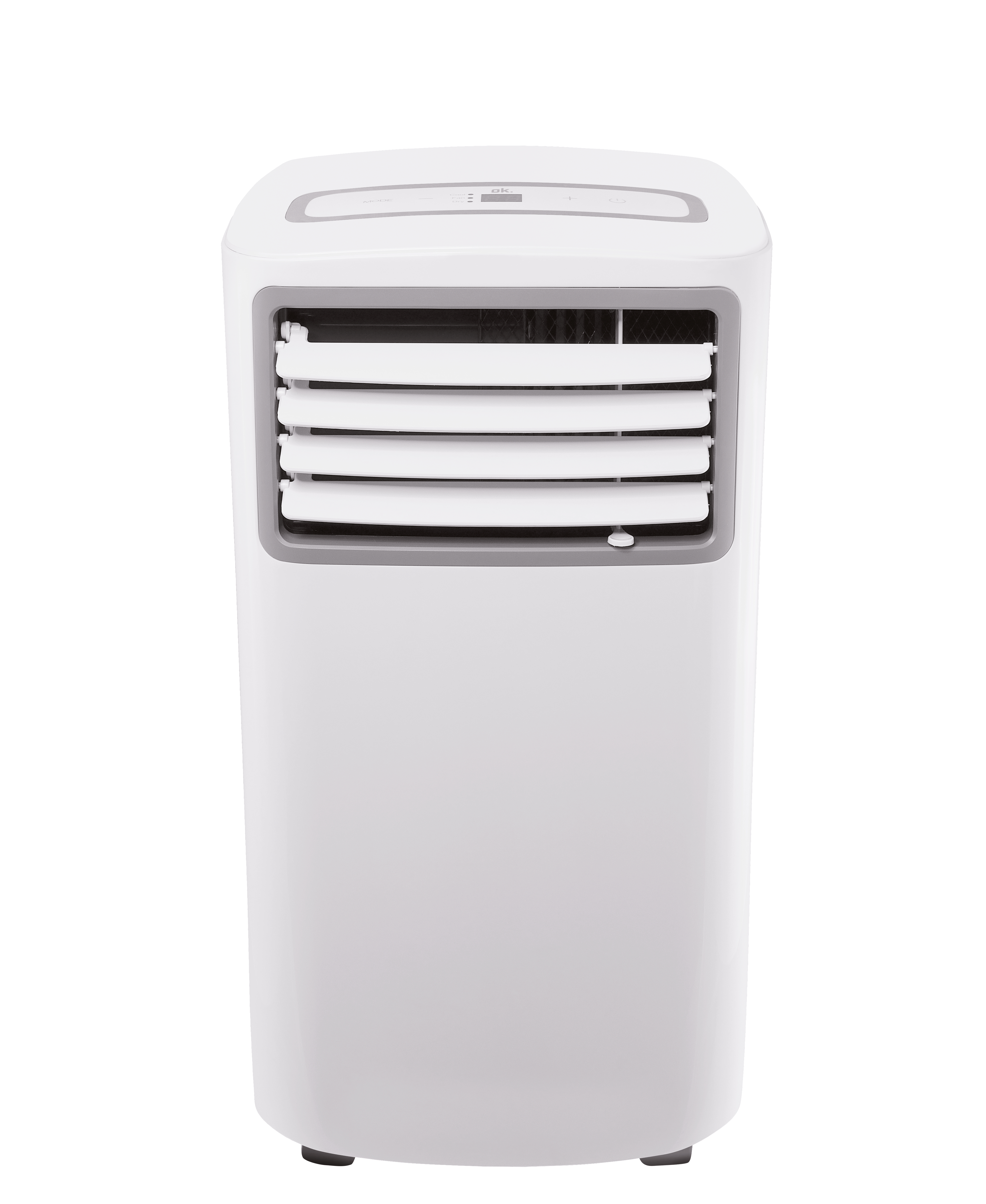 Weißes tragbares Klimagerät mit grauem Zierrahmen und Oberteil.