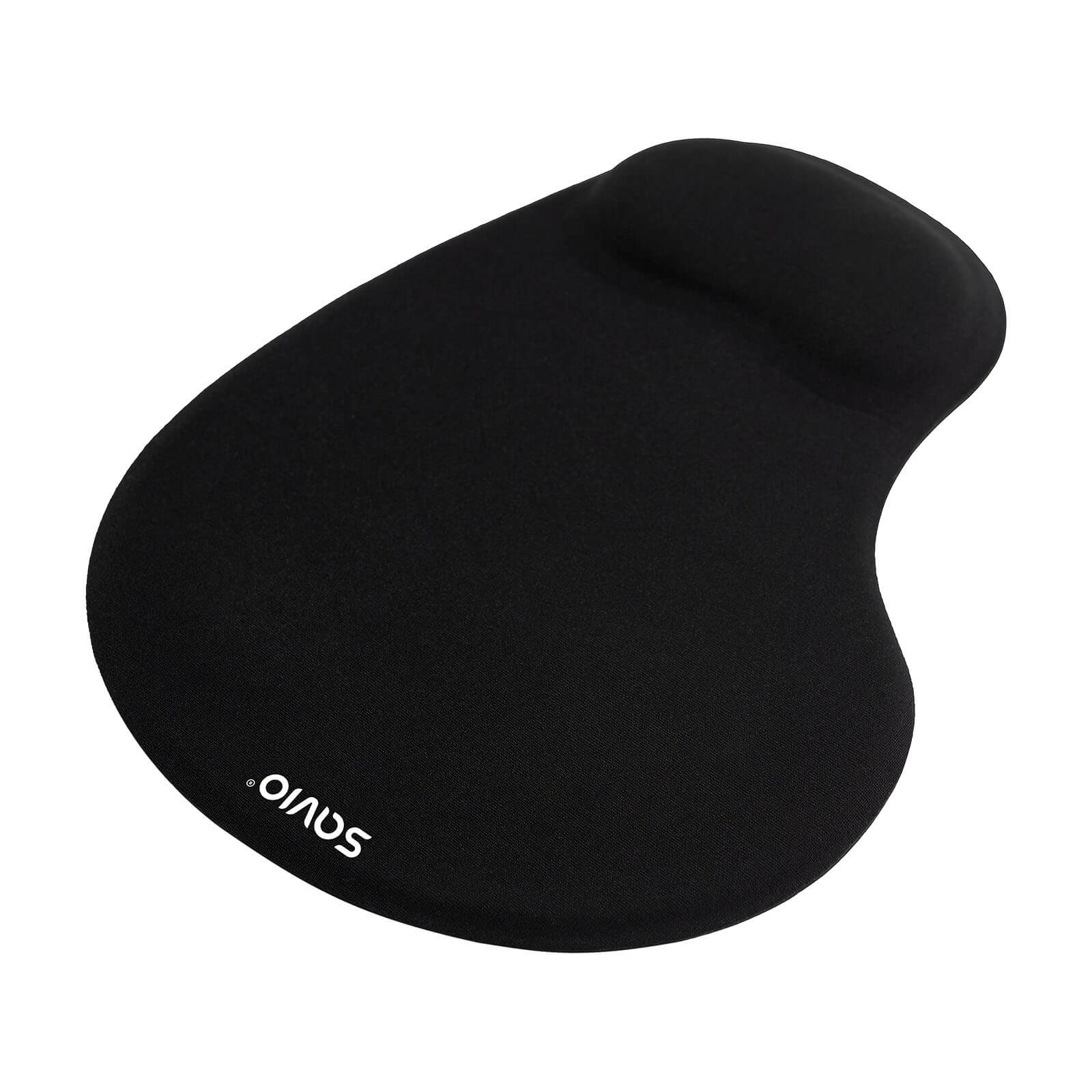Egy fekete ergonomikus egérpad ívelt kialakítással és SAVIO logóval.