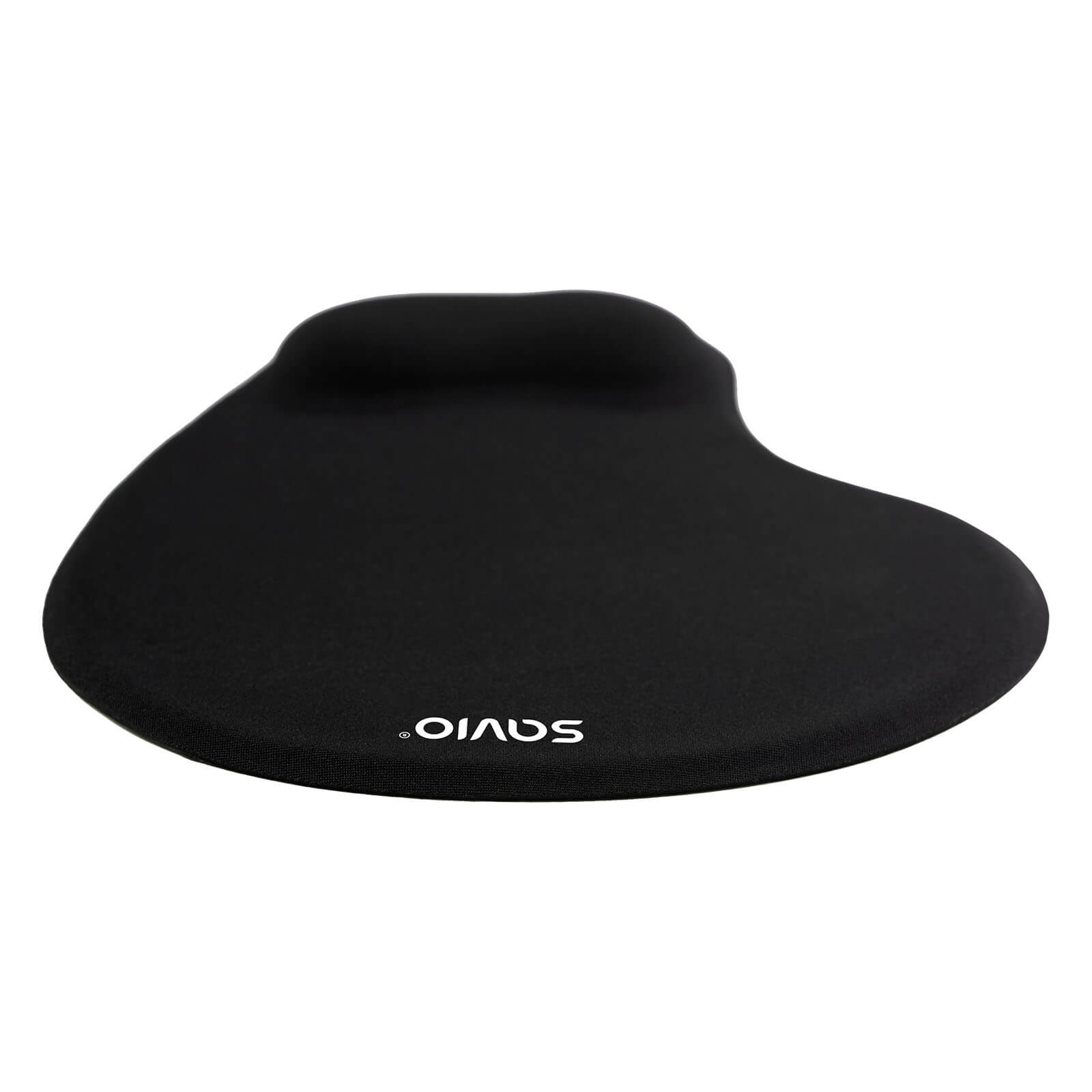 Egy fekete ergonomikus egérpad ívelt csuklótámasszal, 'SAVIO' felirattal.