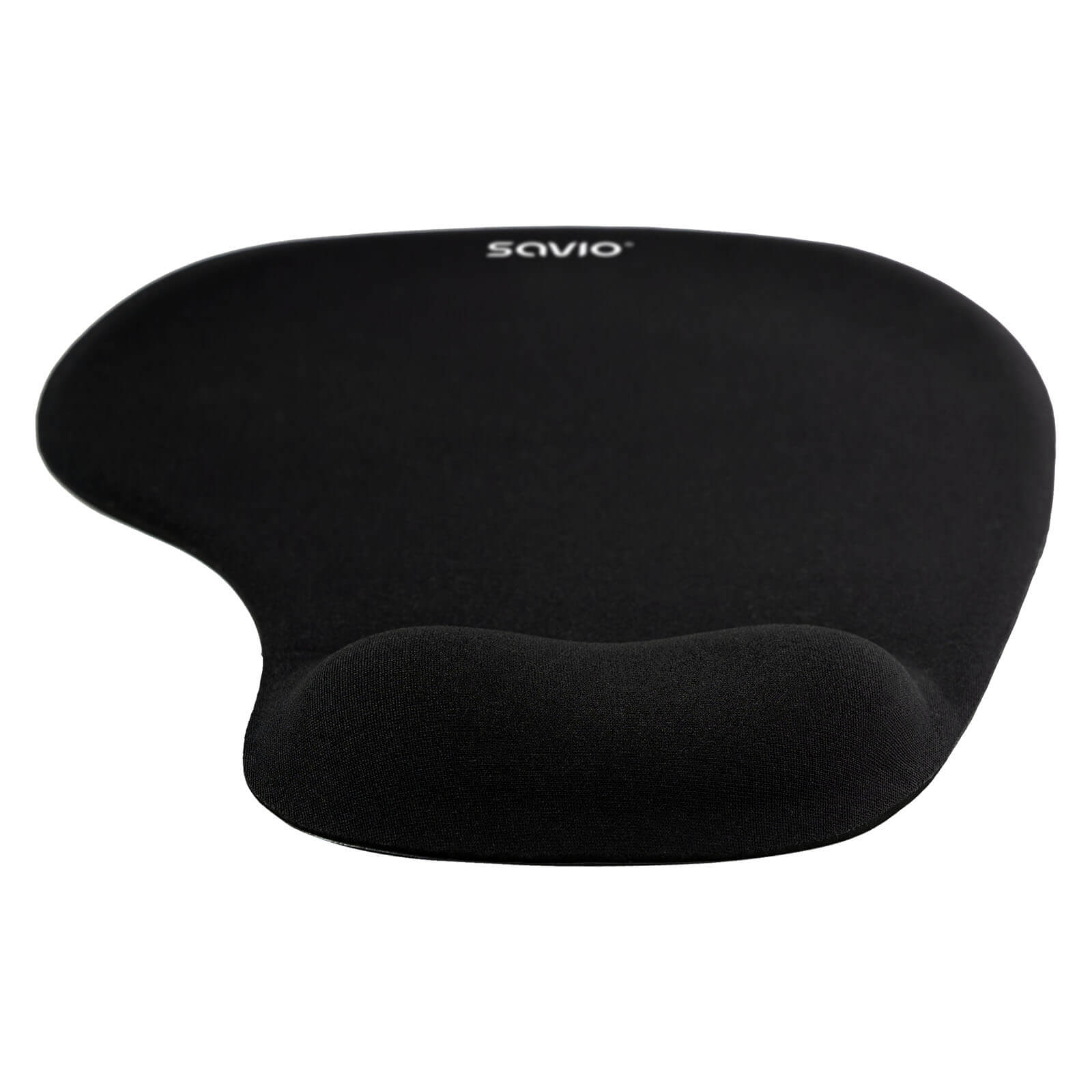 Fekete ergonomikus egérpad csuklótámasszal. SAVIO logó felül.