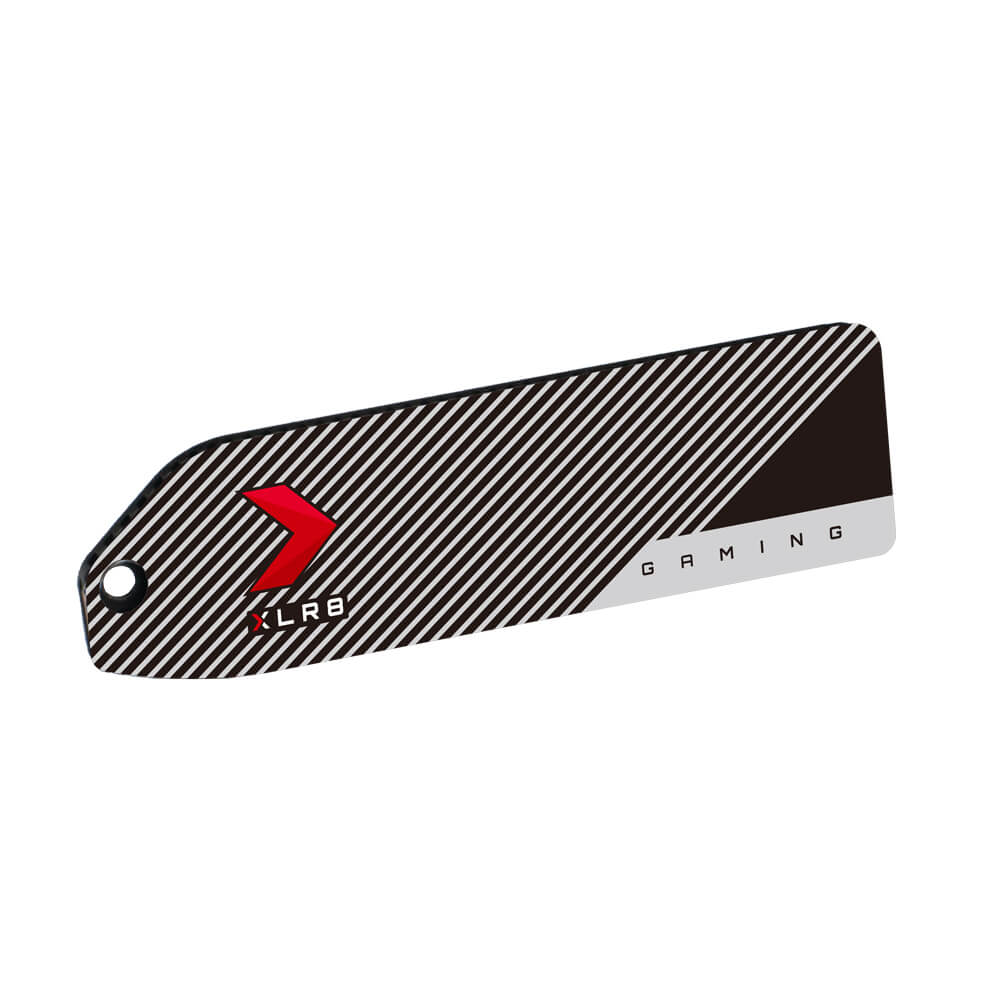 A black and white gaming SSD with a red logo and a hole.