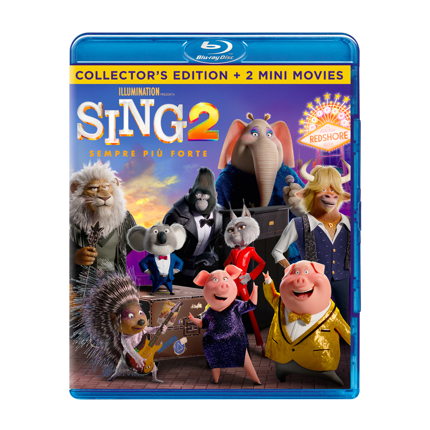 Copertina Blu-ray Sing 2 con personaggi dei cartoni animati.