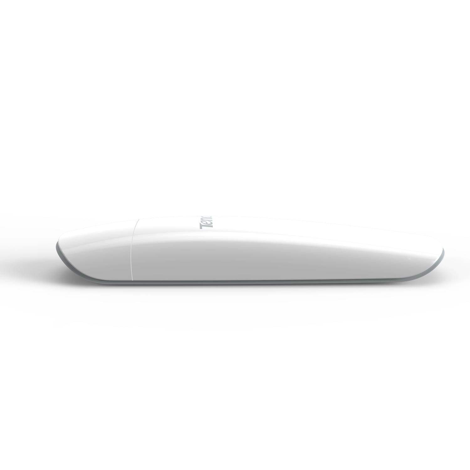Dispositivo blanco y elegante, probablemente una unidad USB, sobre fondo blanco, vista lateral.