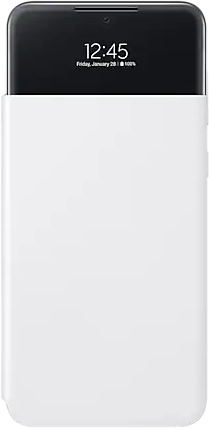 Un étui de téléphone blanc avec un téléphone noir à l'intérieur. L'écran affiche l'heure 12h45 et le niveau de batterie.