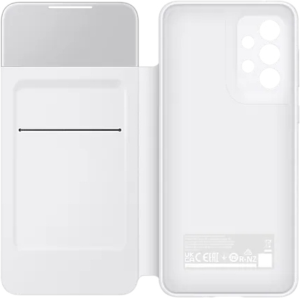 Coque de téléphone blanche ouverte, montrant un téléphone argenté. Fente pour carte.