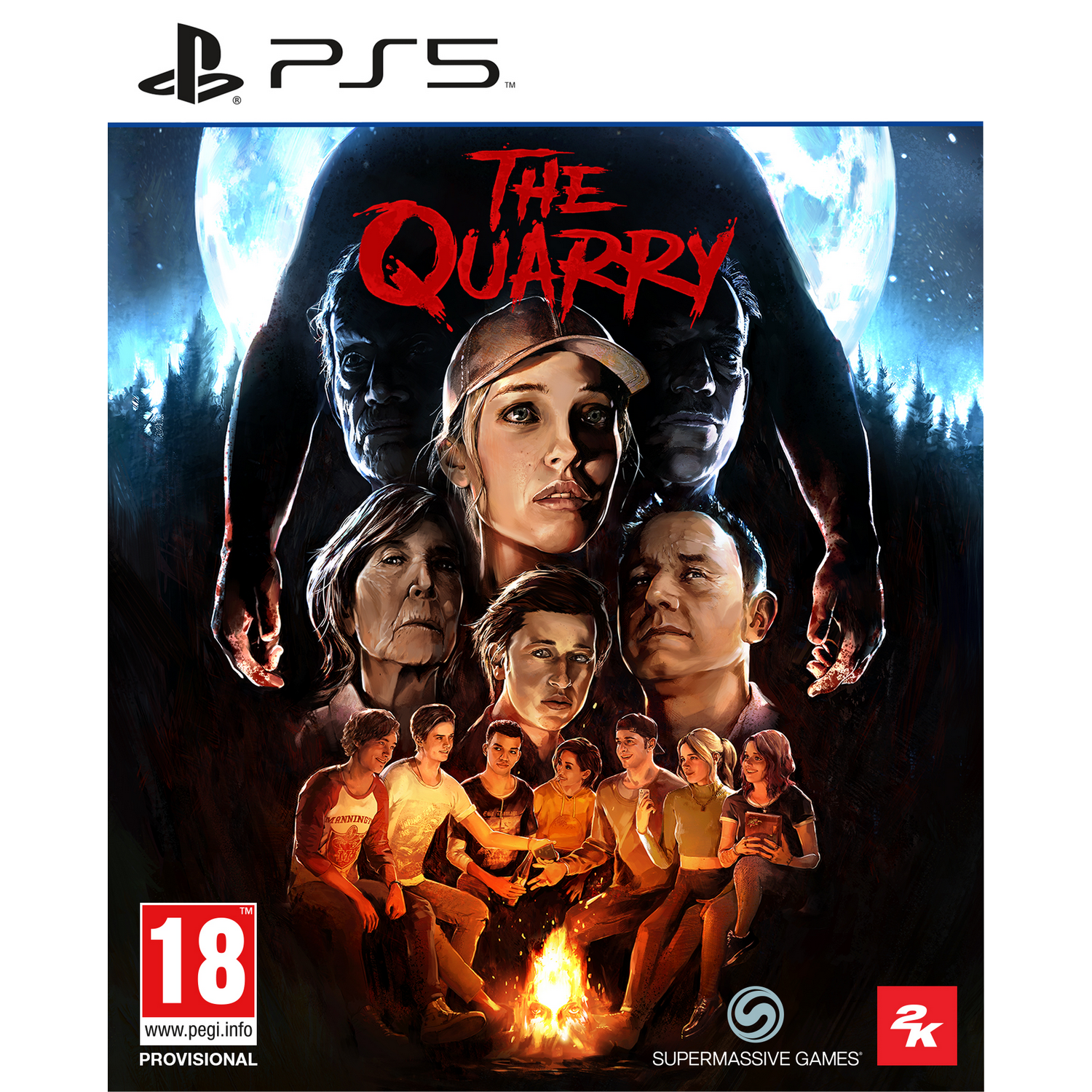 Portada del videojuego "The Quarry" en PS5. Presenta varias personas y una luna llena.
