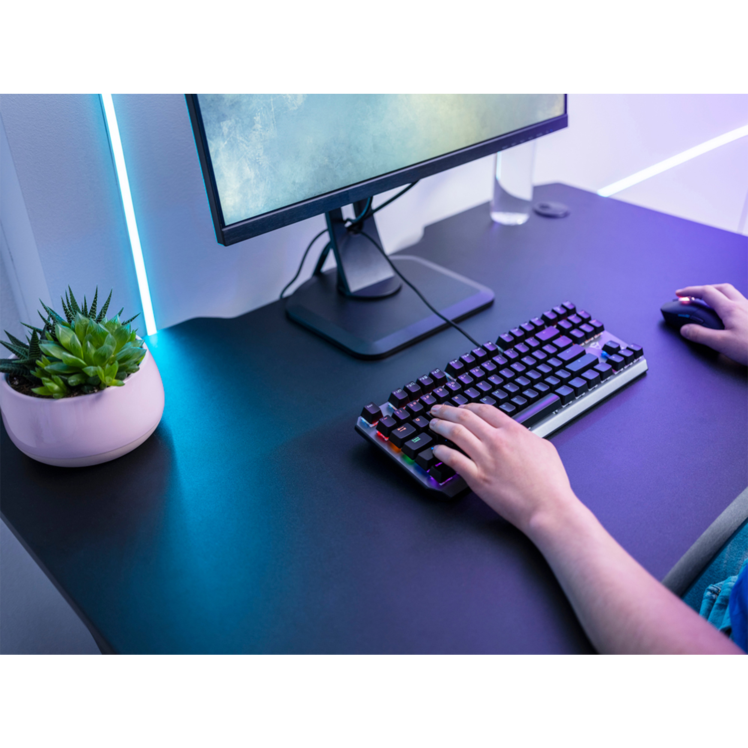 Le mani di una persona su una tastiera illuminata e un mouse su una scrivania nera con un monitor e una pianta.