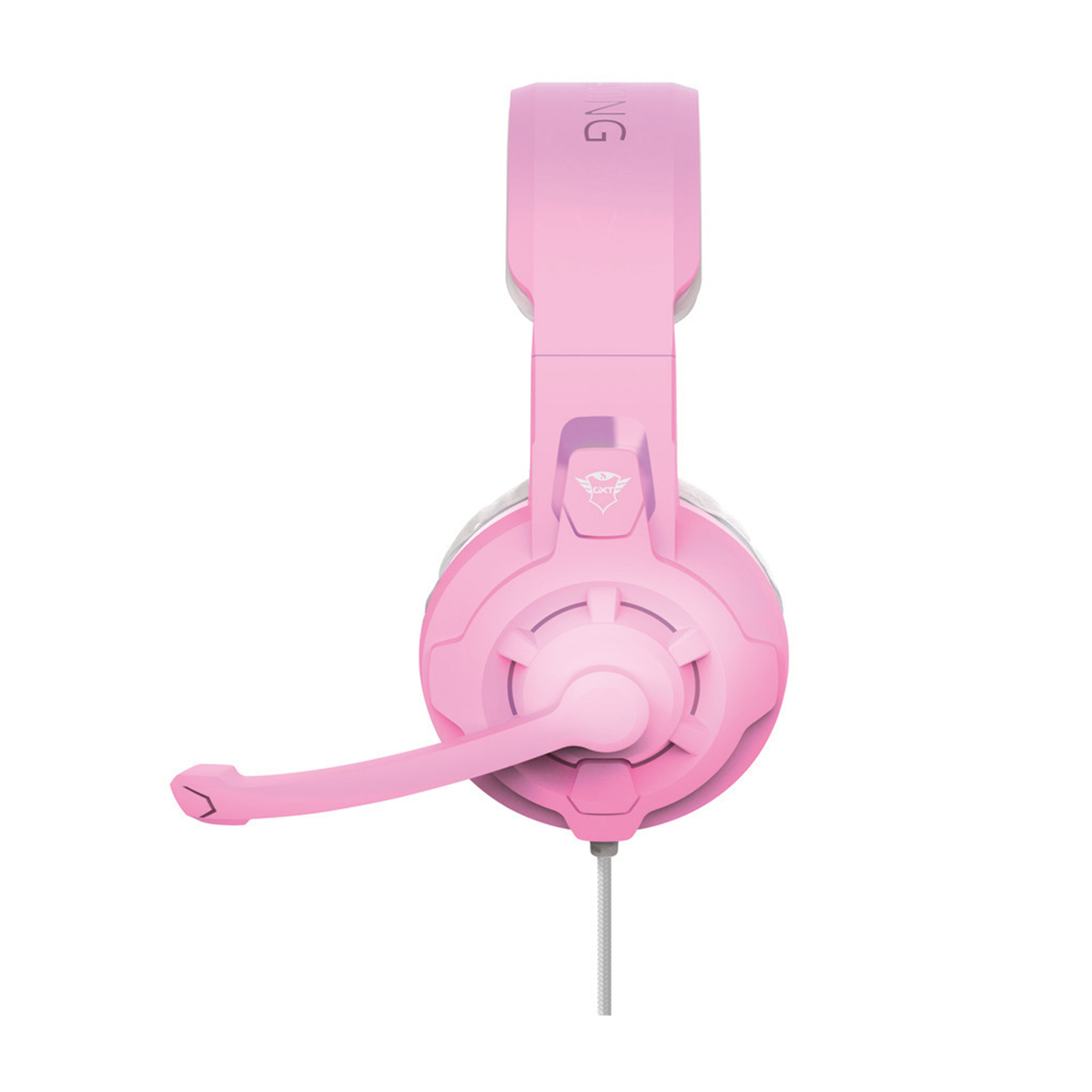 Cuffie rosa da gaming. Hanno microfono e sono su sfondo bianco.