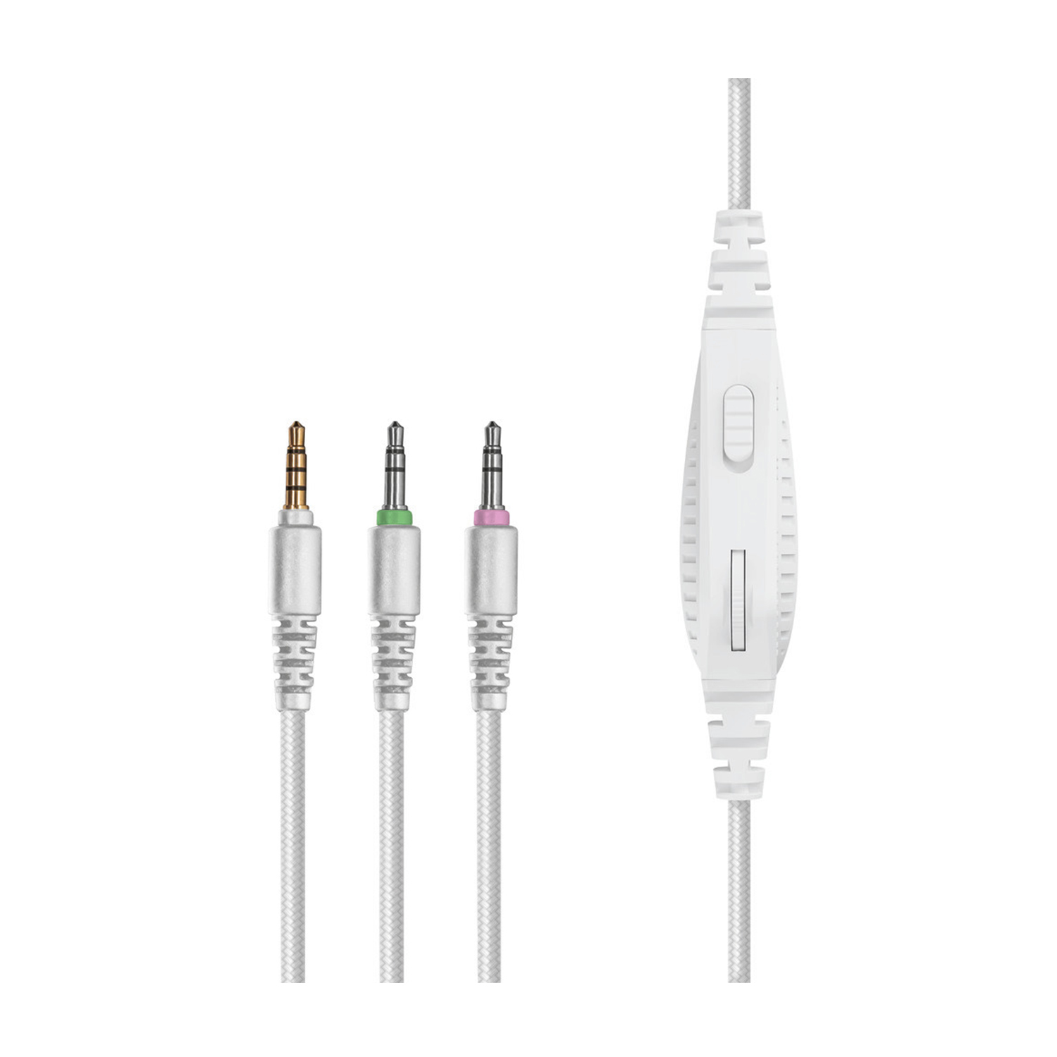 Tre jack audio con anelli colorati diversi e un controllo del volume bianco.
