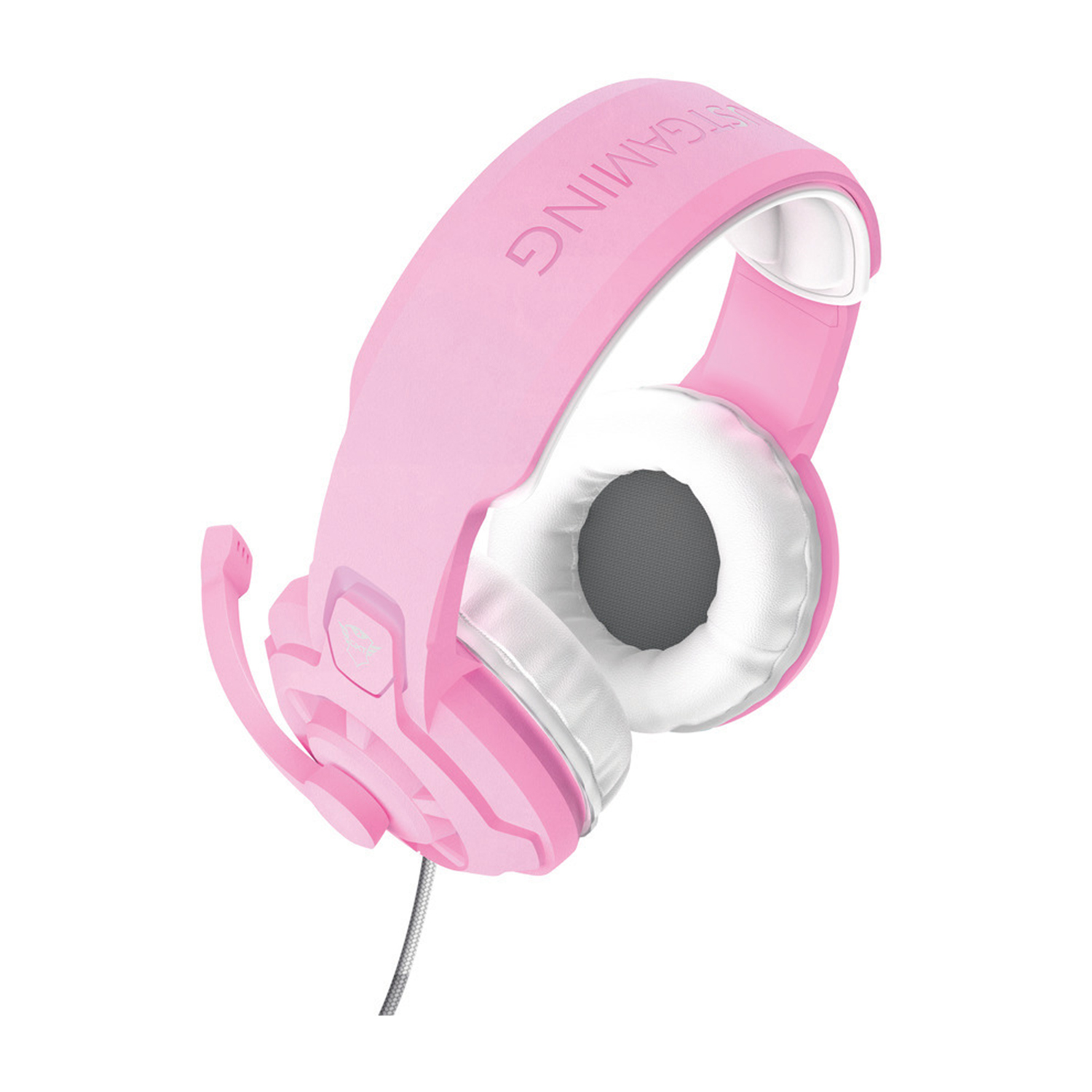 Cuffie da gioco rosa con microfono e cuscinetti bianchi.