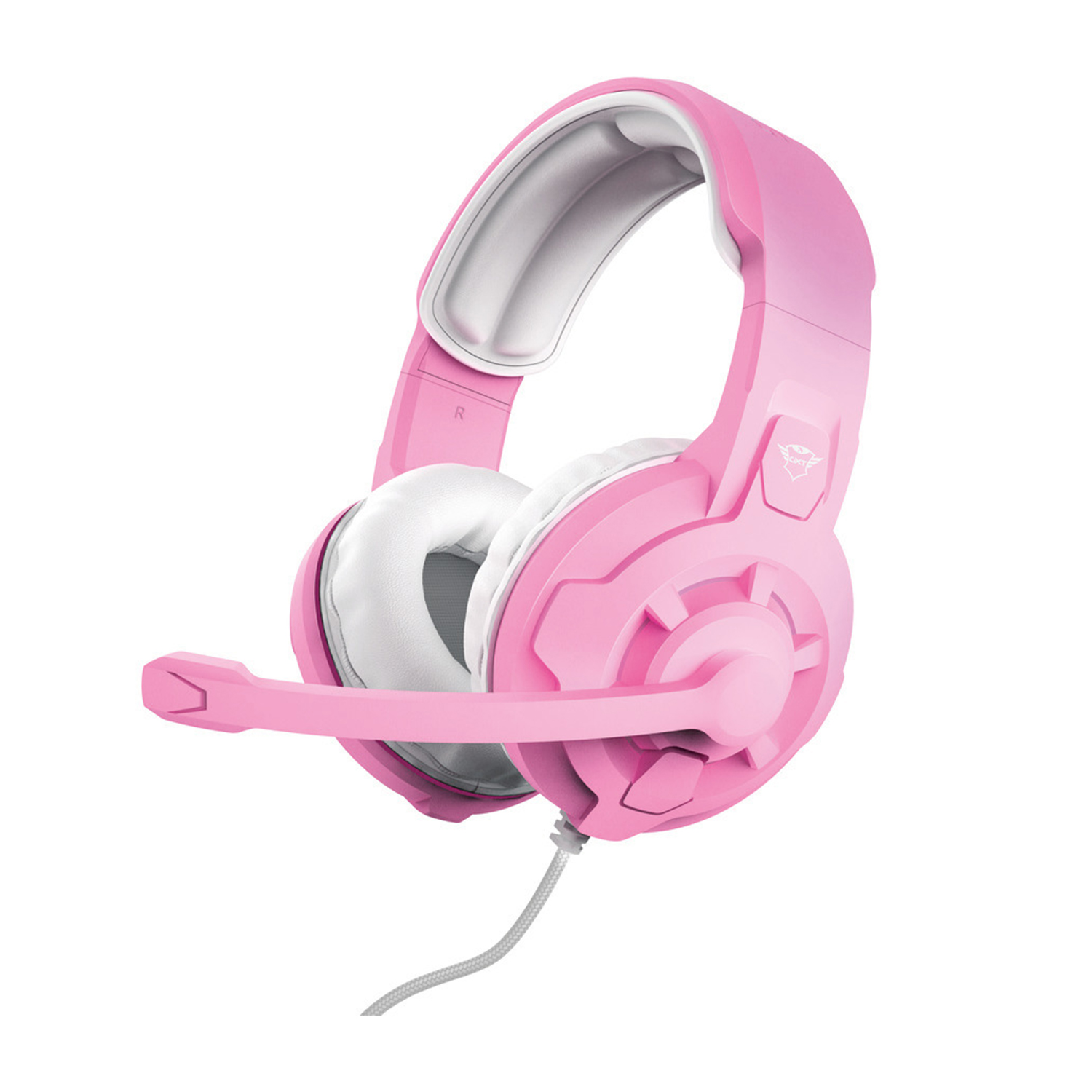 Cuffie da gaming rosa con microfono, cuscinetti bianchi e filo.
