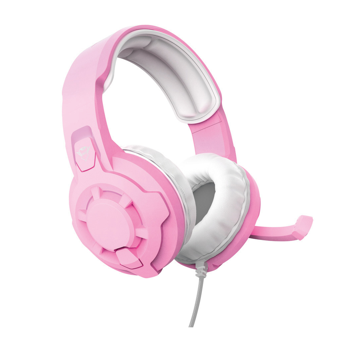 Cuffie da gaming rosa con microfono su sfondo bianco.
