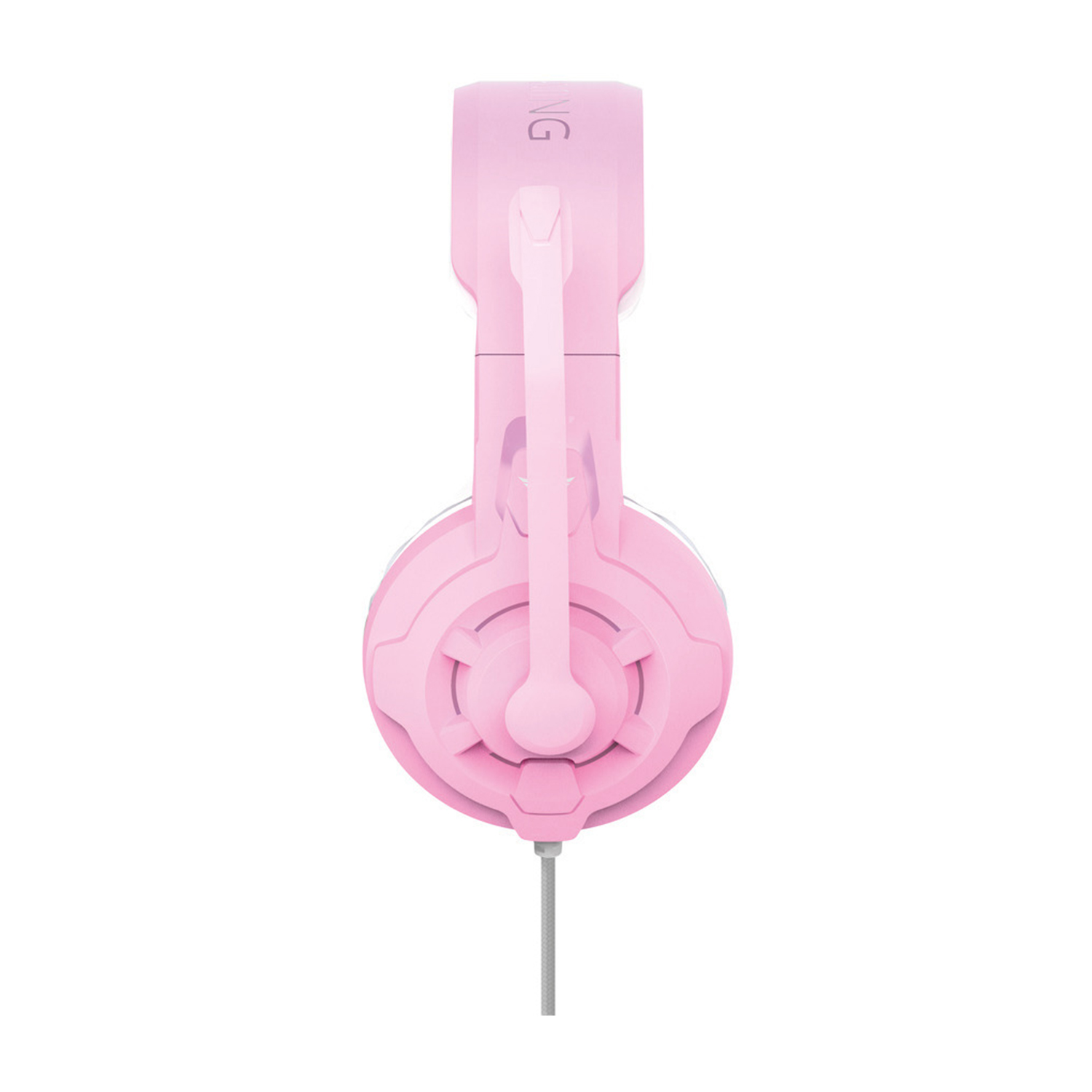 Una cuffia rosa con un microfono. La cuffia è su sfondo bianco.