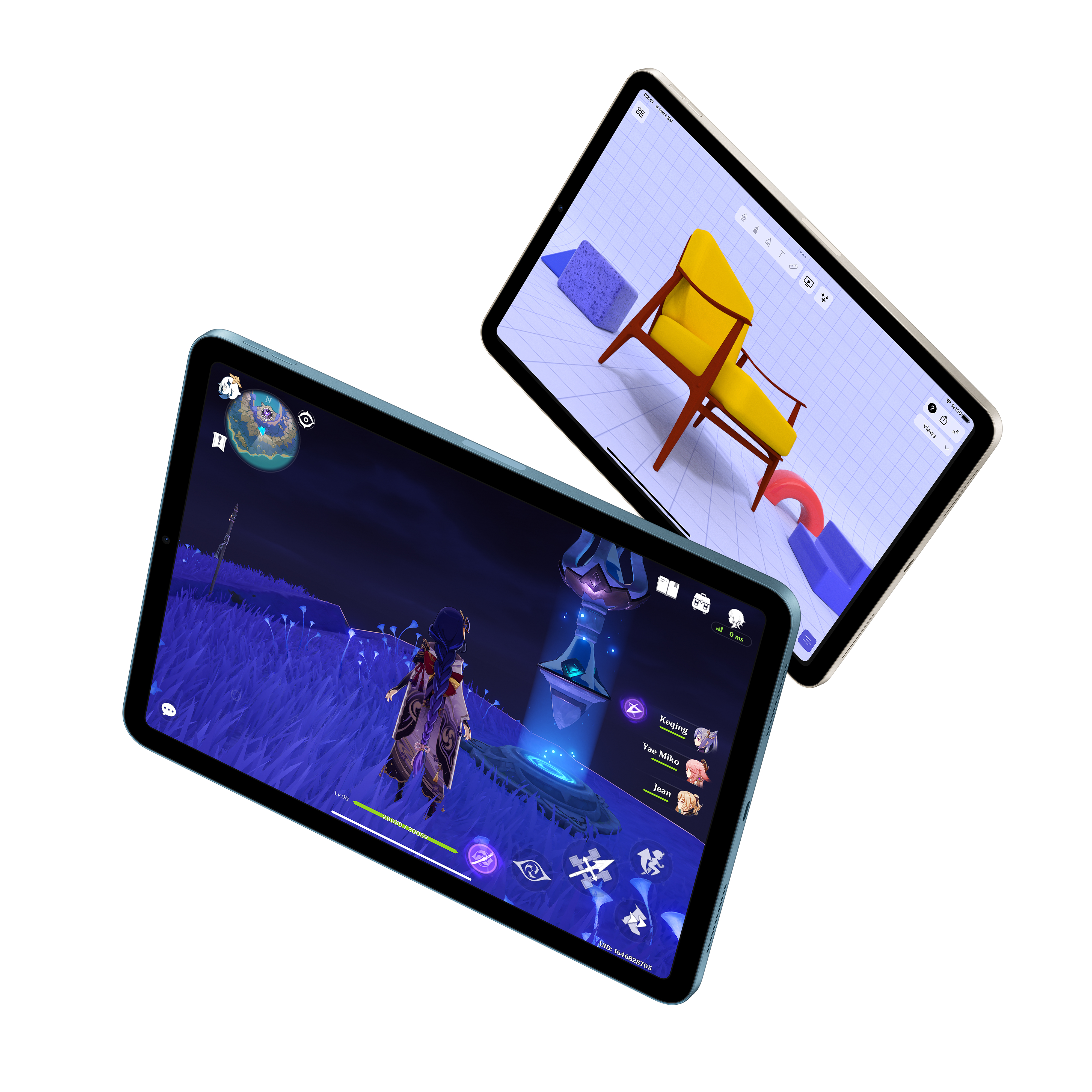 Hava da yüzen, farklı oyun arayüzleri sergileyen iki iPad.