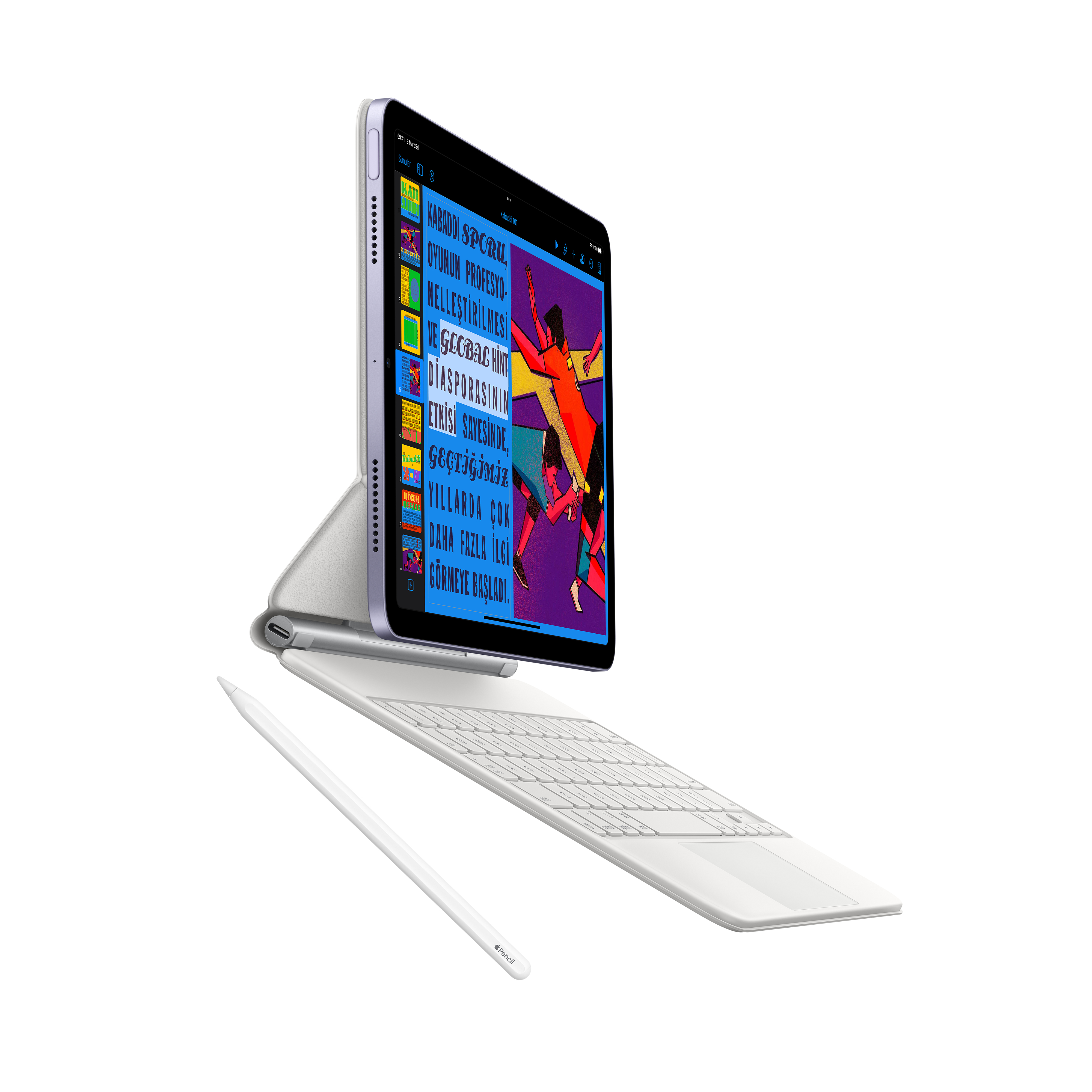 Klavye ve kalemle bir tablet. Ekran yabancı dilde metin görüntülüyor.