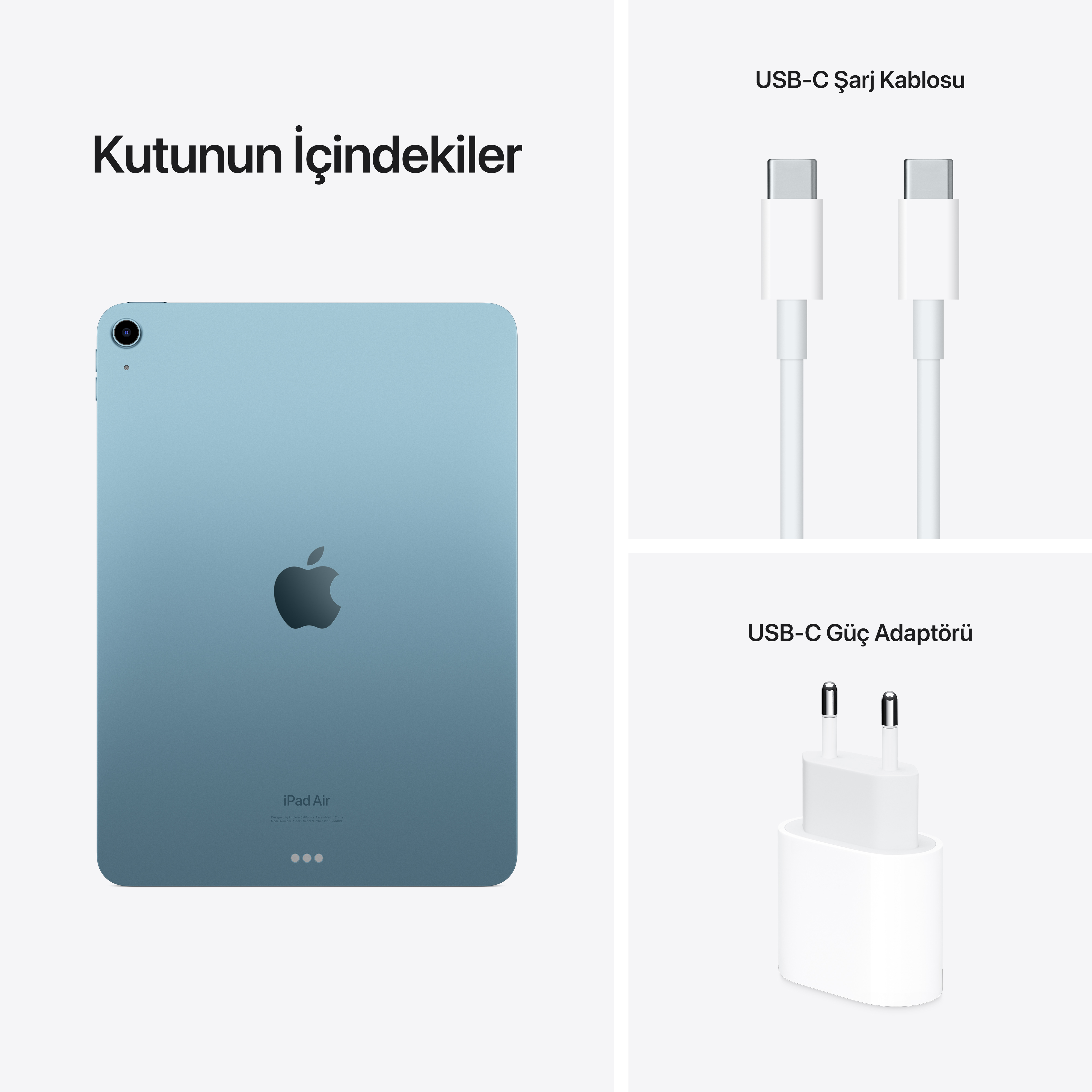 Mavi kılıf içinde tablet, kutuda şarj cihazı ve adaptör. Tablet üzerinde Apple logosu.