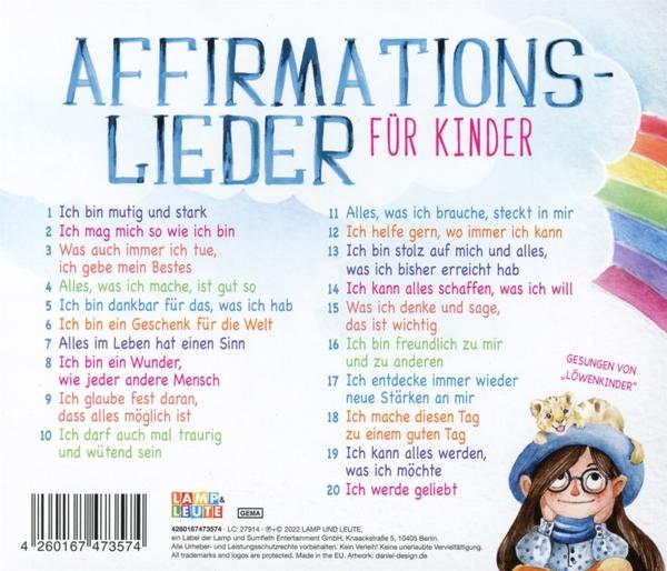 Buchcover mit deutschem Text, Affirmationen für Kinder, enthält eine Cartoon-Illustration eines Mädchens mit einem Löwen.