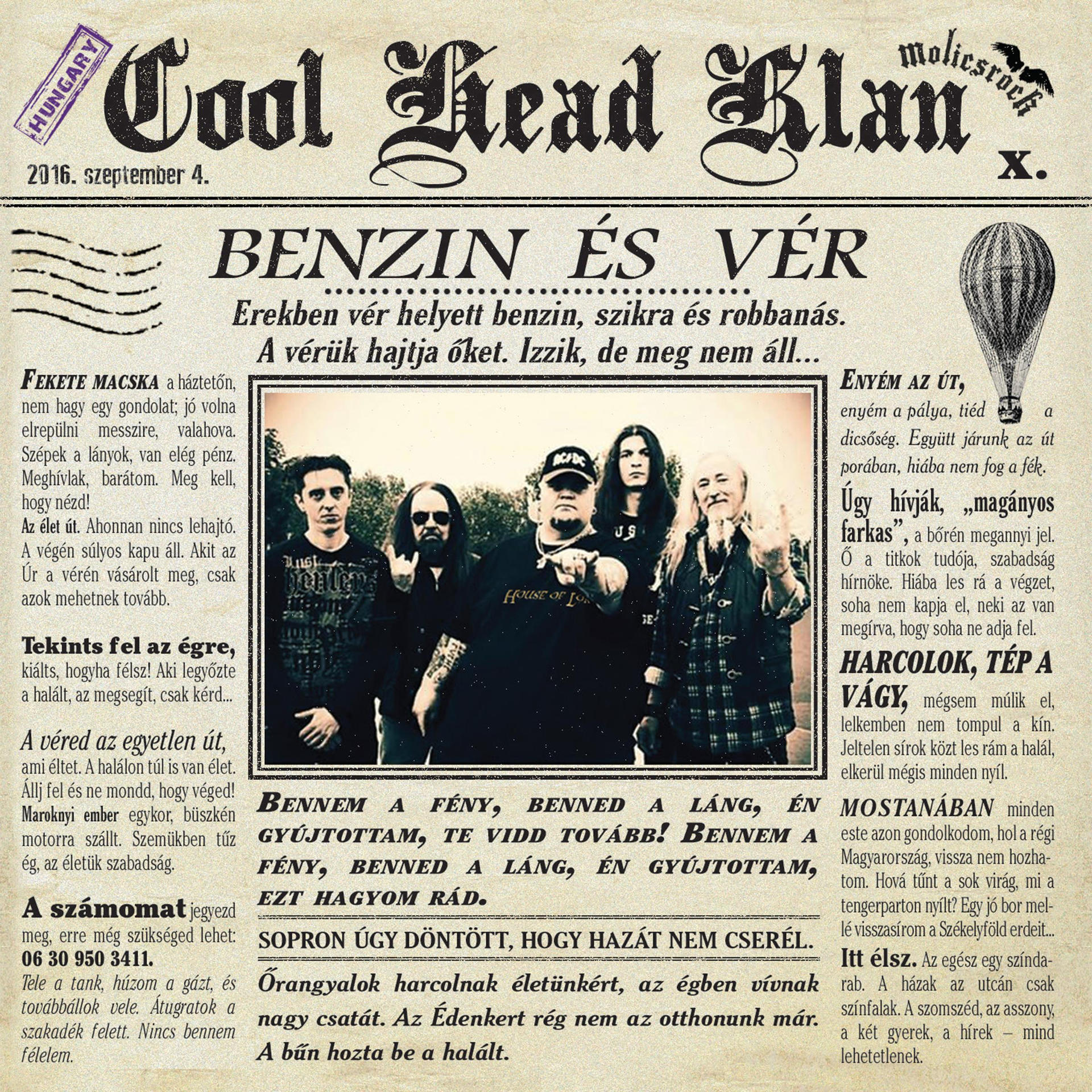 Újság borítója zenekari fotóval és magyar nyelvű szöveggel. A szöveg a 'Cool Head Klan'-t tartalmazza.