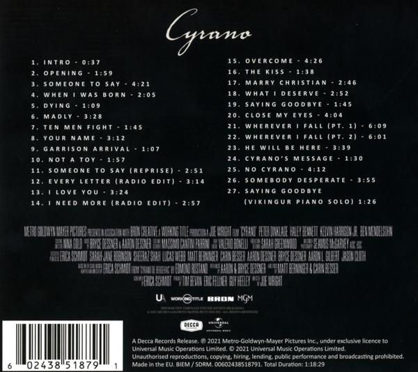 Album borítója, dalcímekkel és stáblistával. Cím: Cyrano, Metro-Goldwyn-Mayer Pictures.