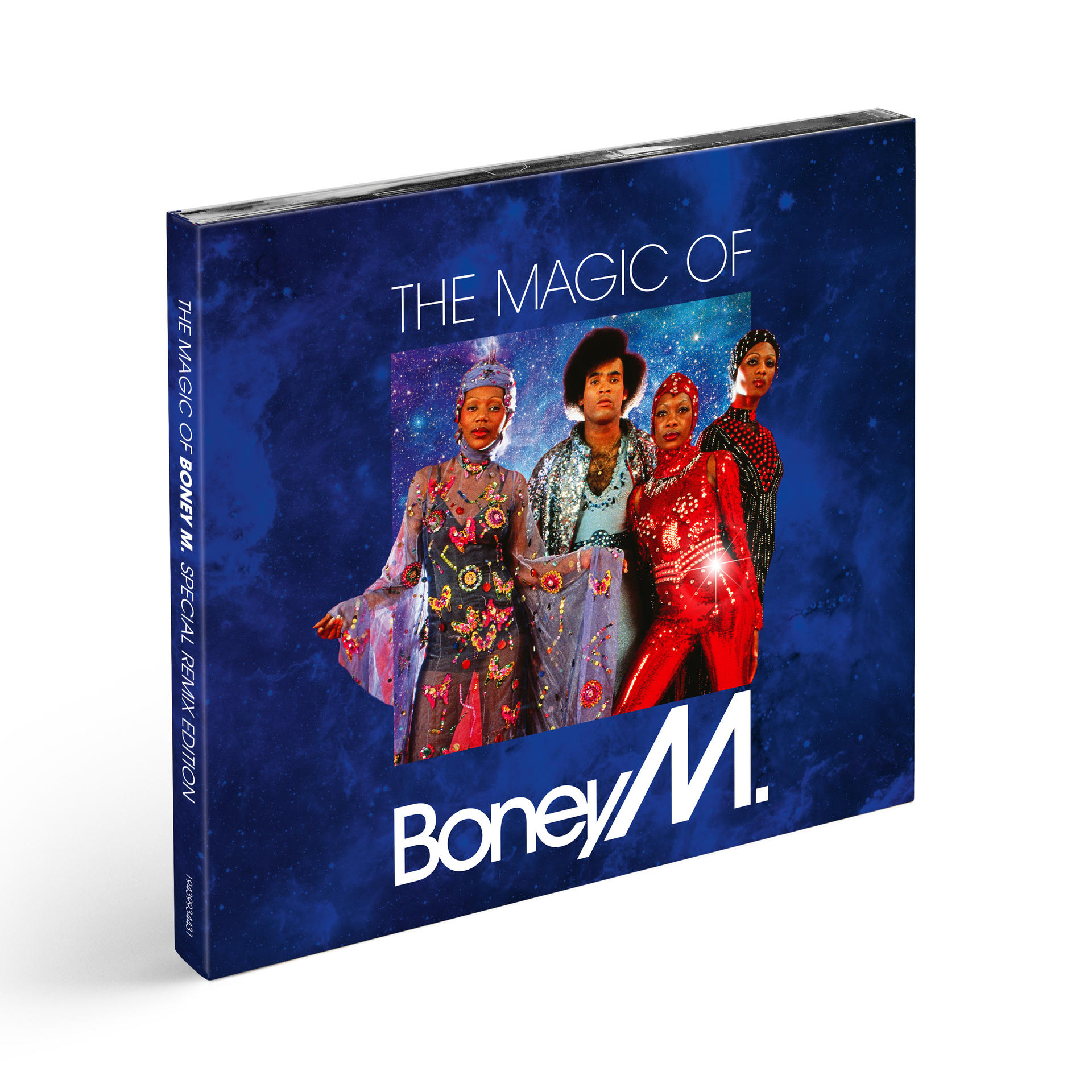 A Boney M. CD-borítója, négy emberrel színes ruhákban. Kék háttér, címszöveg.
