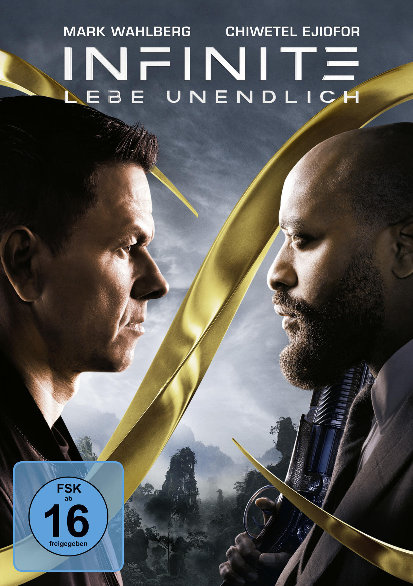 Filmposter mit zwei Männern, die sich gegenüberstehen. Mark Wahlberg und Chiwetel Ejiofor. Titel: Infinite. Goldene Linien im Hintergrund.