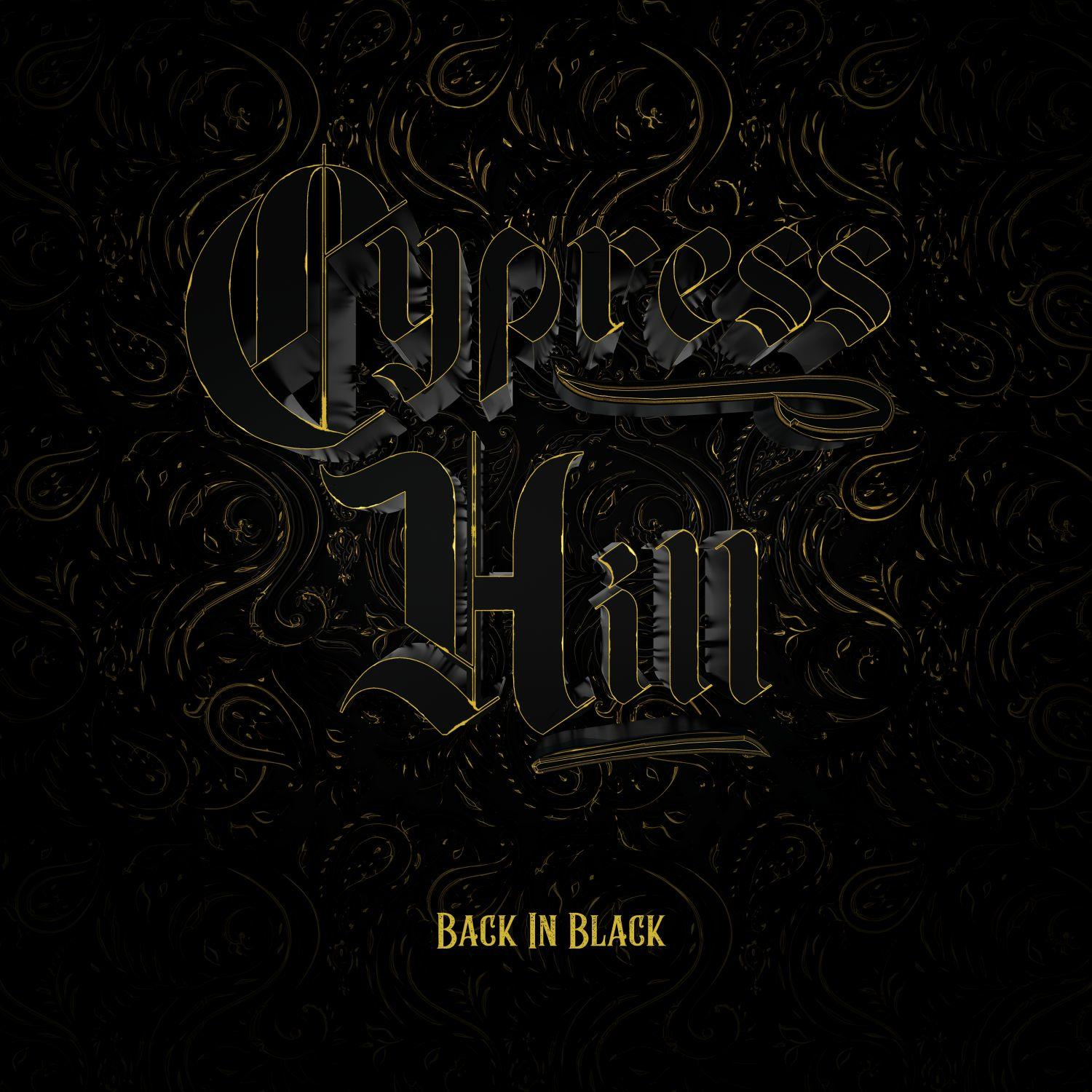 Fekete albumborító arany szöveggel: Cypress Hill, Back in Black, paisley háttérrel.