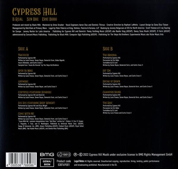 Album borítója számlistával; fekete háttér fehér szöveggel. Copyright és zenei cég logók is láthatók.