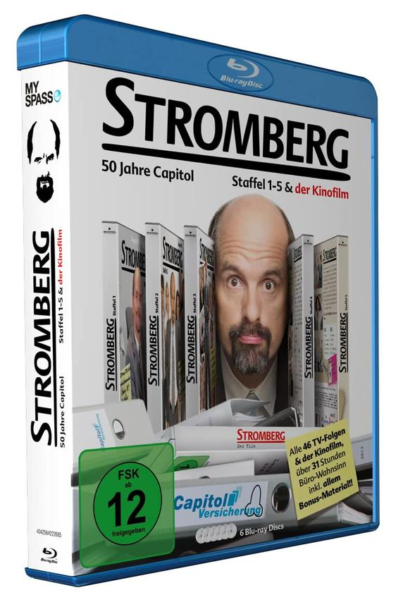 Blu-ray-Box-Set mit dem Titel 'Stromberg'. Das Cover zeigt einen Mann und verschiedene DVDs.